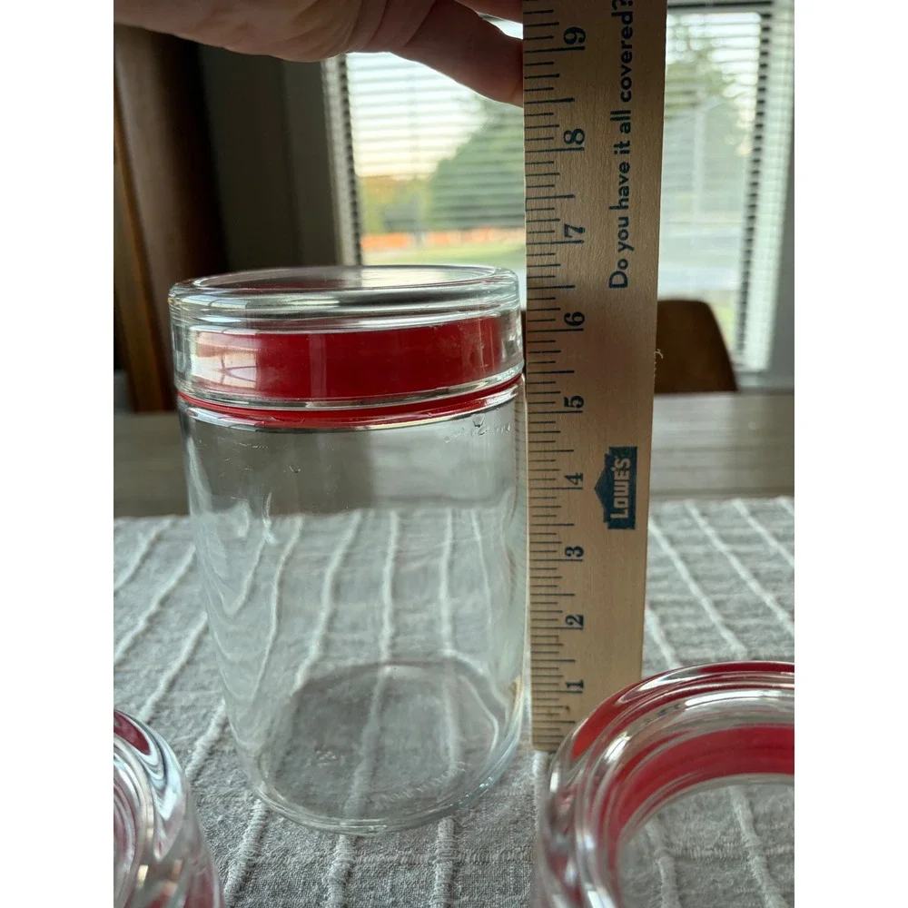 Bormioli Rocco Italy Glass Canister Set 3 Red Seal Kitchen Storage Jars Vintage